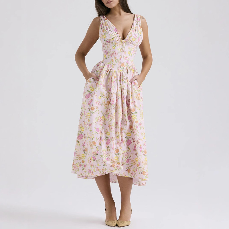2026 Amazon Spring/Summer New Slim Fit Strap Dress European and American Style Casual Printed V-Neck Elegant Dress