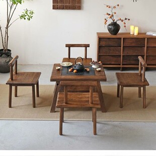 Old Elm Zen-Style Four-Season Tea Brewing Table, Solid Wood Courtyard Barbecue Table, Outdoor Hot Pot Table, Balcony Barbecue Tea Table