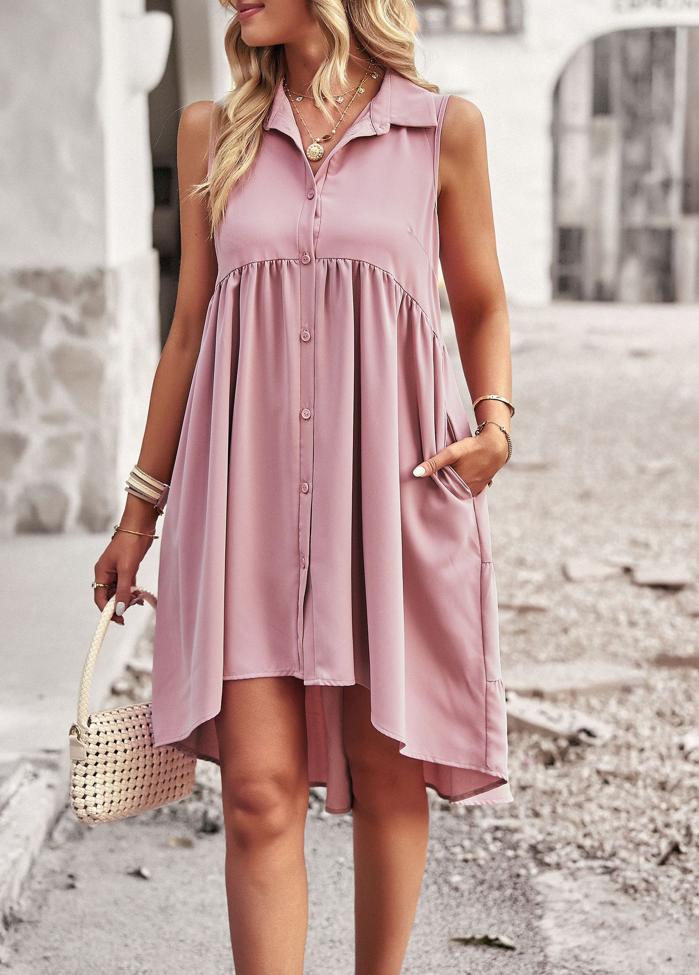 Fashion Solid Color V Neck Sleeveless Patchwork Polyester Knee-Length A-Line Skirt