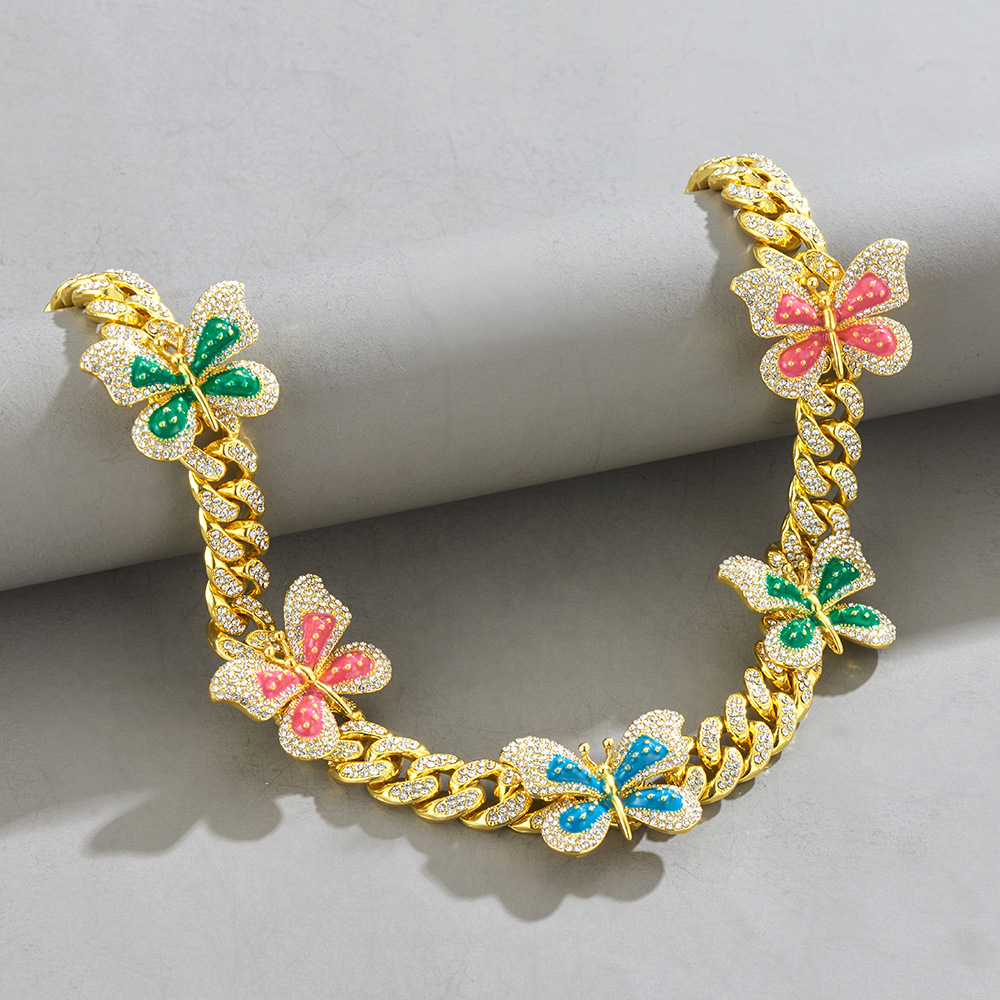 new rotate color big butterfly full rhinestone hip hop jewelry retro creative clavicle chain