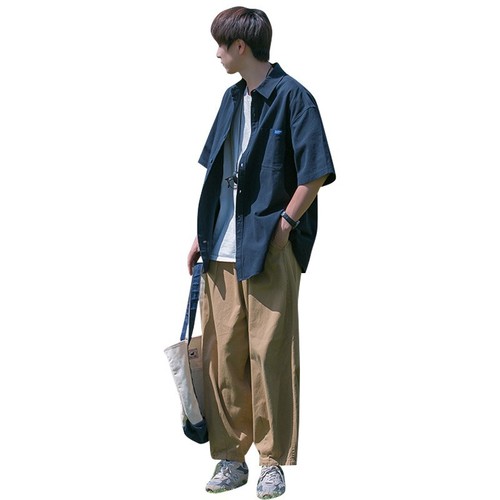 Japanese-style youth short-sleeve shirt for boys, summer thin version, trendy brand, loose half-sleeve, cool punk-style work crew neck outerwear