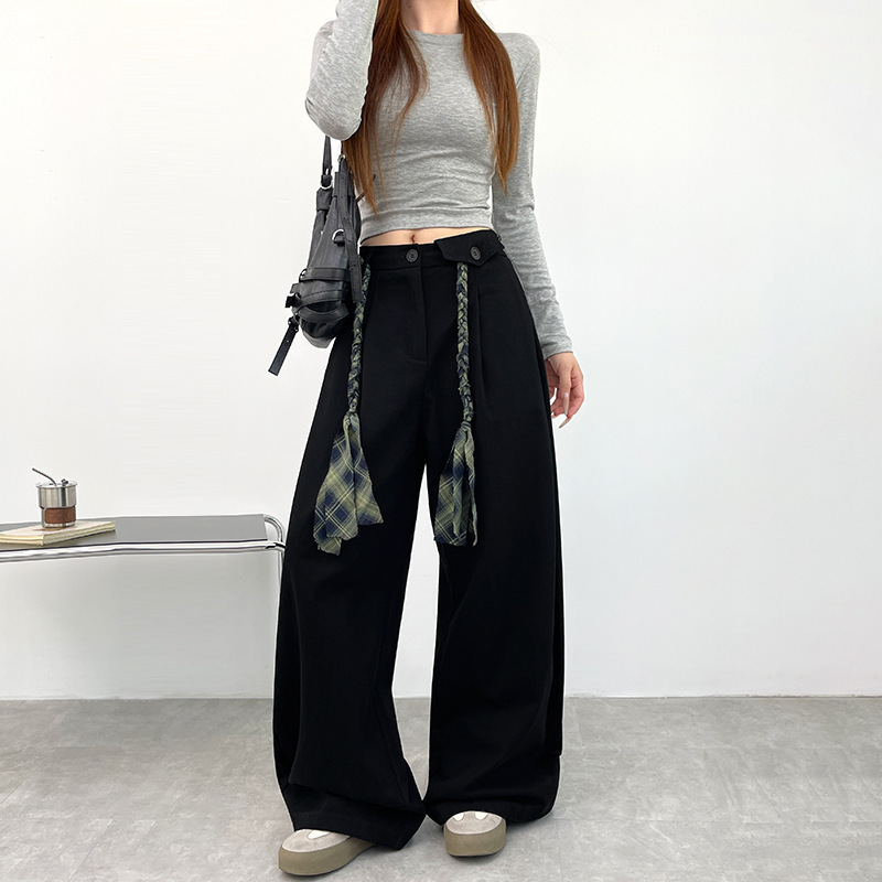 复古阔腿裤女2025秋季新款丝质编绳腰带百搭直筒单扣拖地休闲裤子|undefined