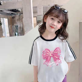 纯棉女童夏季新款童装宽松洋气中大童三条杠短袖打底半袖上衣潮流