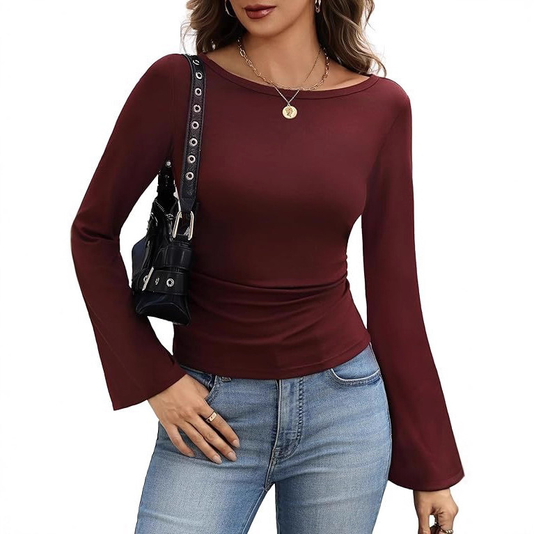 2025 Cross-Border Women's Long-Sleeved Boat Neck Top, Bell-Sleeved Tight T-Shirt, Casual Pleated Side Basic T-Shirt