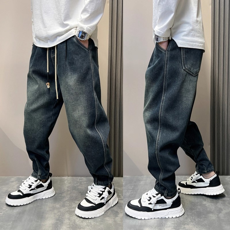 Spring and Summer Light Blue Jeans for Boys, Handsome and Trendy Harem Pants, Washed Versatile Loose Casual Carrot Pants for Men
