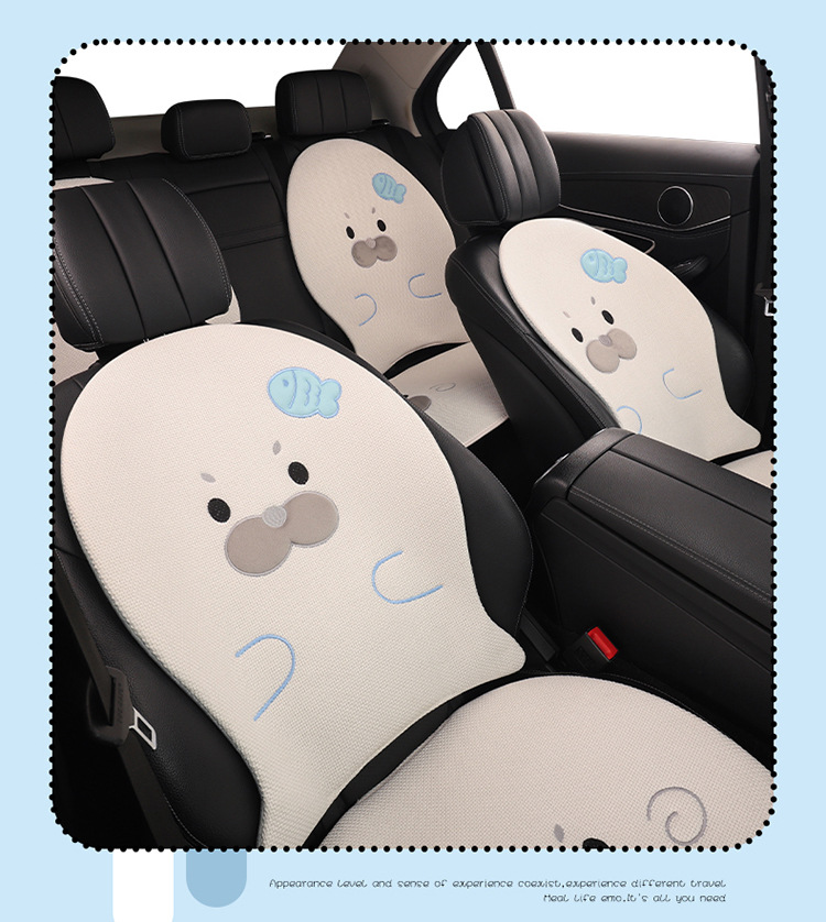 Car Seat Cushion Made of Linen Material with Seal Pattern, Suitable for All Seasons, Available as a Single Piece or a Three-Piece Set, with Optional Car Ventilation Cushion