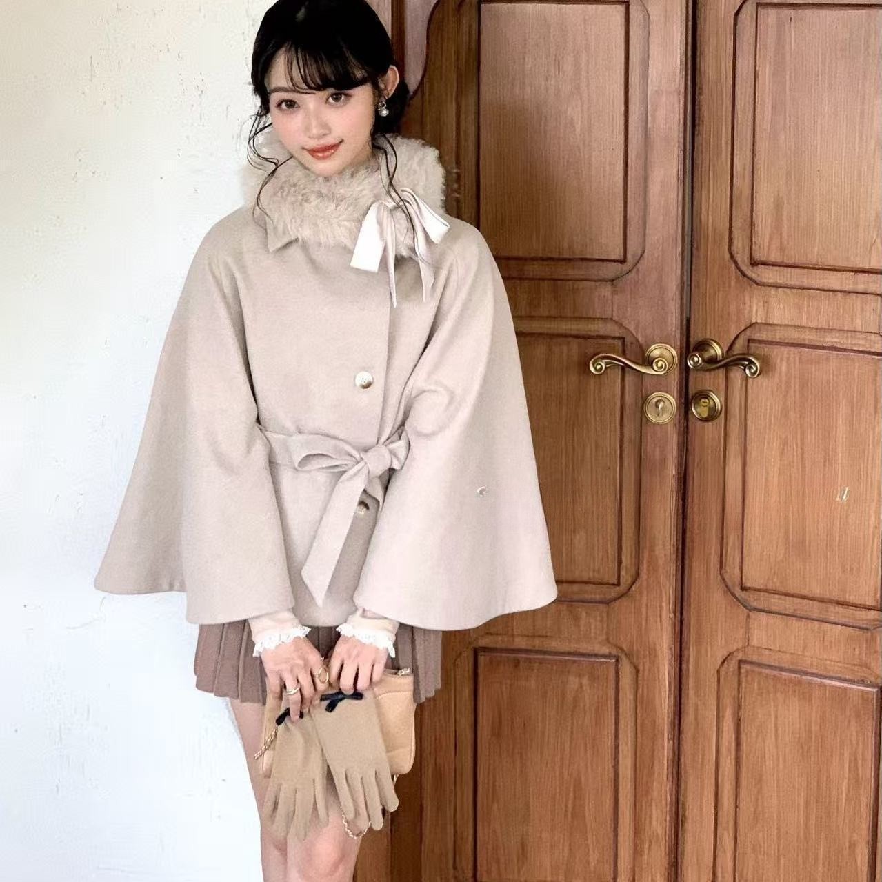 Kyoto Showa Dream Tweed Style Bow Fur Collar Cape Woolen Coat Women's High-Quality Temperament