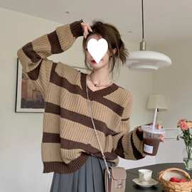 日系慵懒复古长袖条纹毛衣女秋冬外套设计感小众宽松针织衫上衣服
