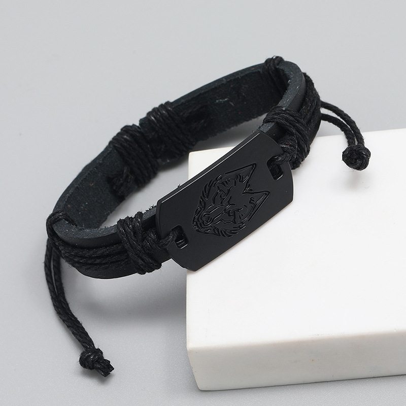 punk style menu0027s leather bracelet black wolf head multi-layer braided bracelet
