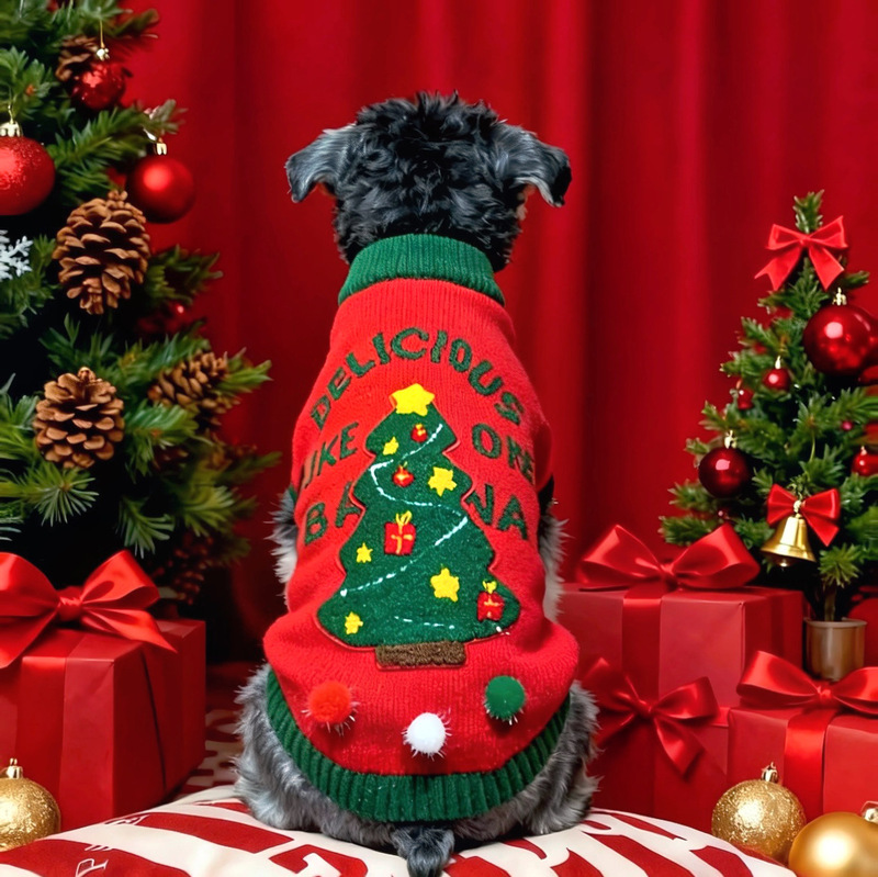 Christmas Style Pet Sweater Silver Arctic Velvet Cat and Dog Holiday Robe Schnauzer Stereo Christmas Tree Knitted Vest