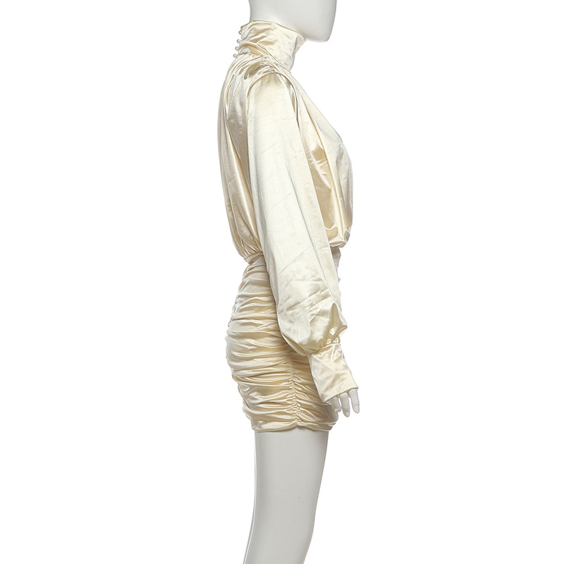 Autumn Winter High Collar Pleated Long Sleeve Solid Color Sheath Short Dress 15 Autumn Winter High Collar Pleated Long Sleeve Solid Color Sheath Short Dress