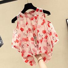 雪纺衫上衣女韩版宽松短袖夏季新款洋气心机感很仙的露肩上衣