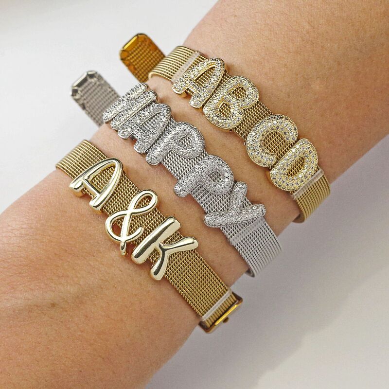 ETSY cross-border hot sale copper micro-inlaid zircon bubble letter glossy letter strap bracelet source factory wholesale