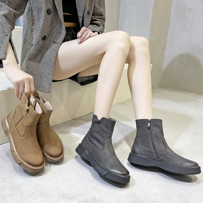 First layer cowhide new autumn Martin boots female wild high-help motorcycle boots INS network red canvas thick boots