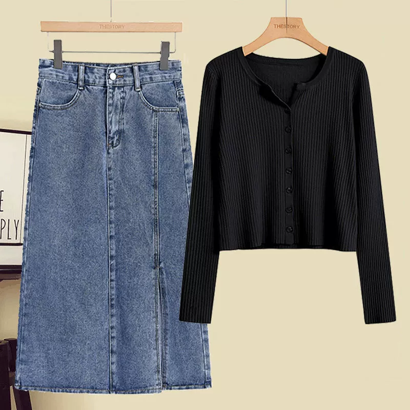 Spring set, denim skirt, plus size, western style