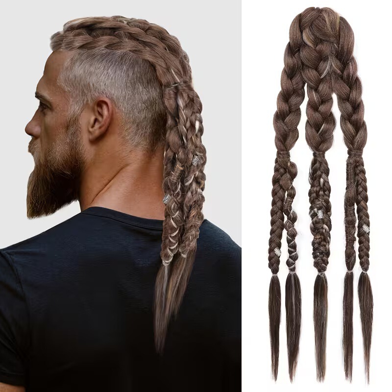 Cross-border men's dreadlock ponytail 24inch handmade clip-on Viking-style wig, popular in Europe and America, synthetic fiber hair extensions