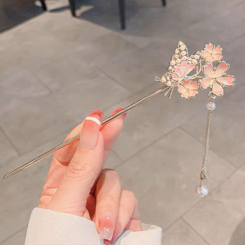 Ancient style pearl enamel flower tassel hairpin high-end hairpin hair net red hairpin Hanfu step-shaking hair accessories for women