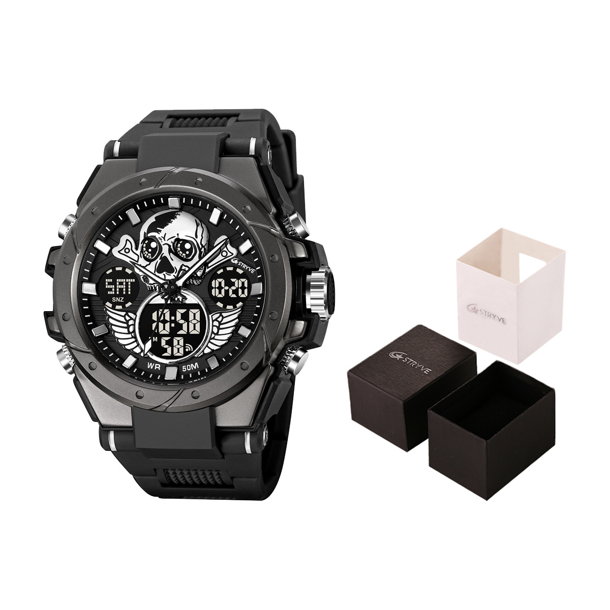 STRYVE e-commerce hombres deportes cráneo luminoso electrónico impermeable reloj multifuncional reloj entrega de una pieza 8008