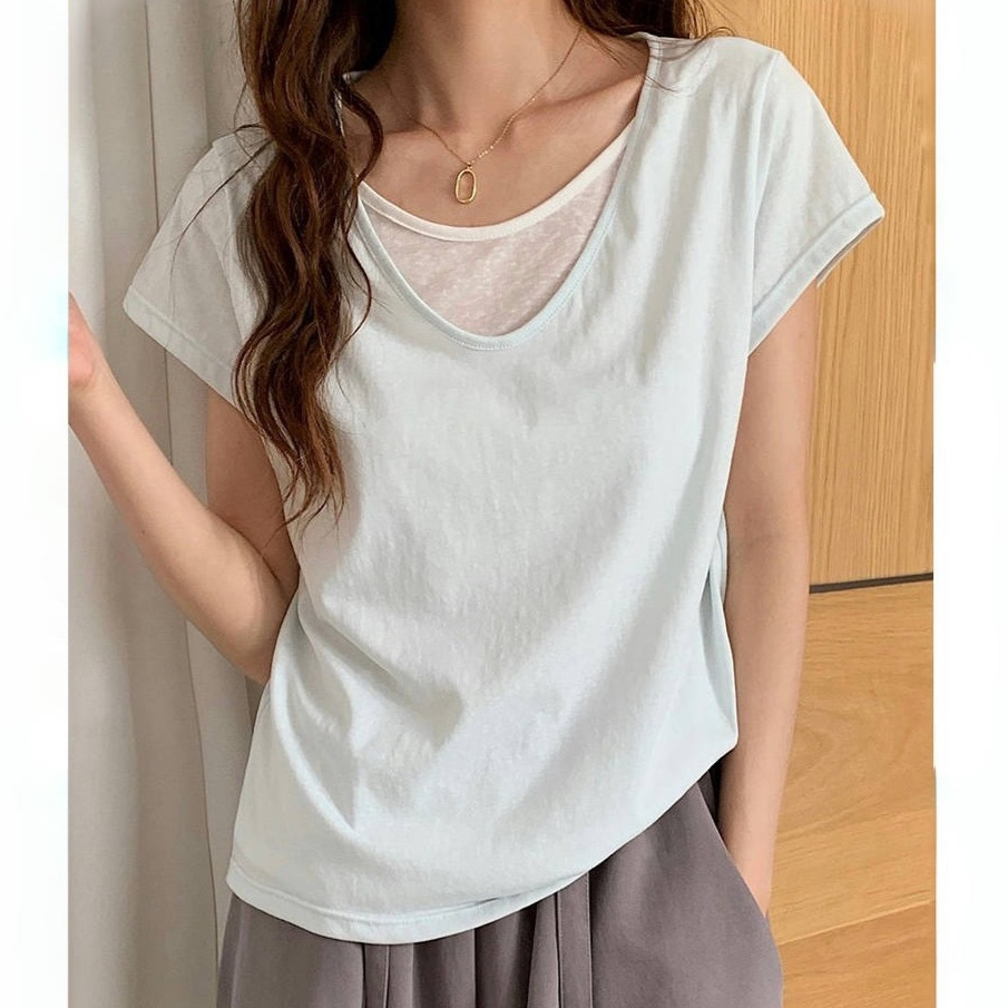 Irina Color-Blocked Faux Two-Piece Korean-Style Slim-Fit Short-Sleeve T-Shirt for Women, New Summer Model, Regular Shoulder, Loose-Fitting Versatile Top for Women