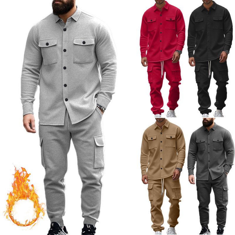 Cross-Border American-Style Heavyweight Men's Fleece-Lined Workwear Outdoor Lapel Jacket Set, Loose-Fitting Warm Workwear Pants Set