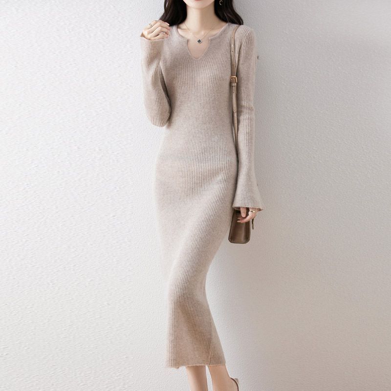 2026 Spring and Autumn New Knit Dress, Mid-length Slim Fit Long Sleeve Sweater Dress, Over-the-knee Sweater Dress for Outerwear 2026 Spring and Autumn New Knit Dress, Mid-length Slim Fit Long Sleeve Sweater Dress, Over-the-knee Sweater Dress for Outerwear