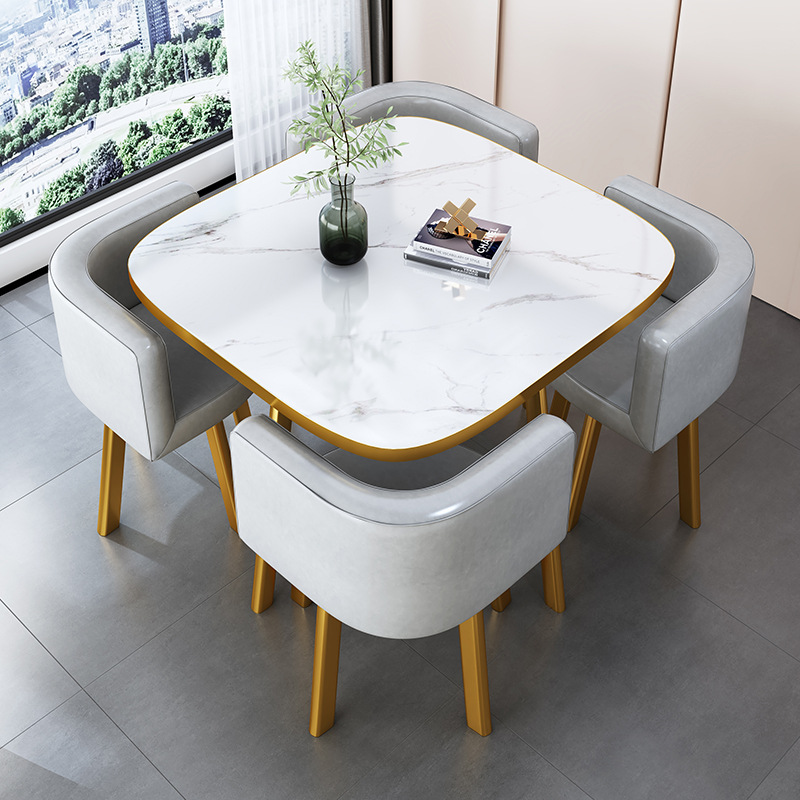 Gray 80cm square table+4 leather chair