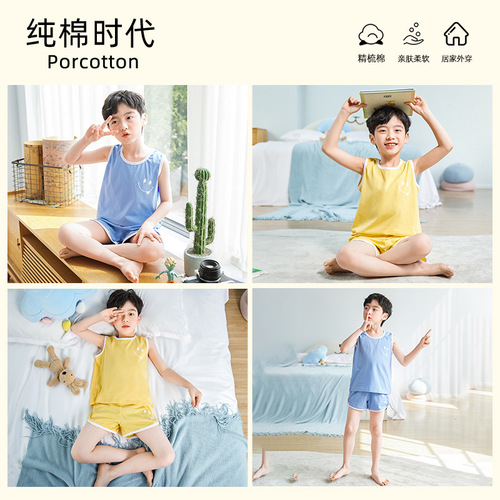 Children's vest set, boys' pure cotton home clothes, summer thin, medium and large children's sleeveless pajamas, two-piece set, trendy wholesale