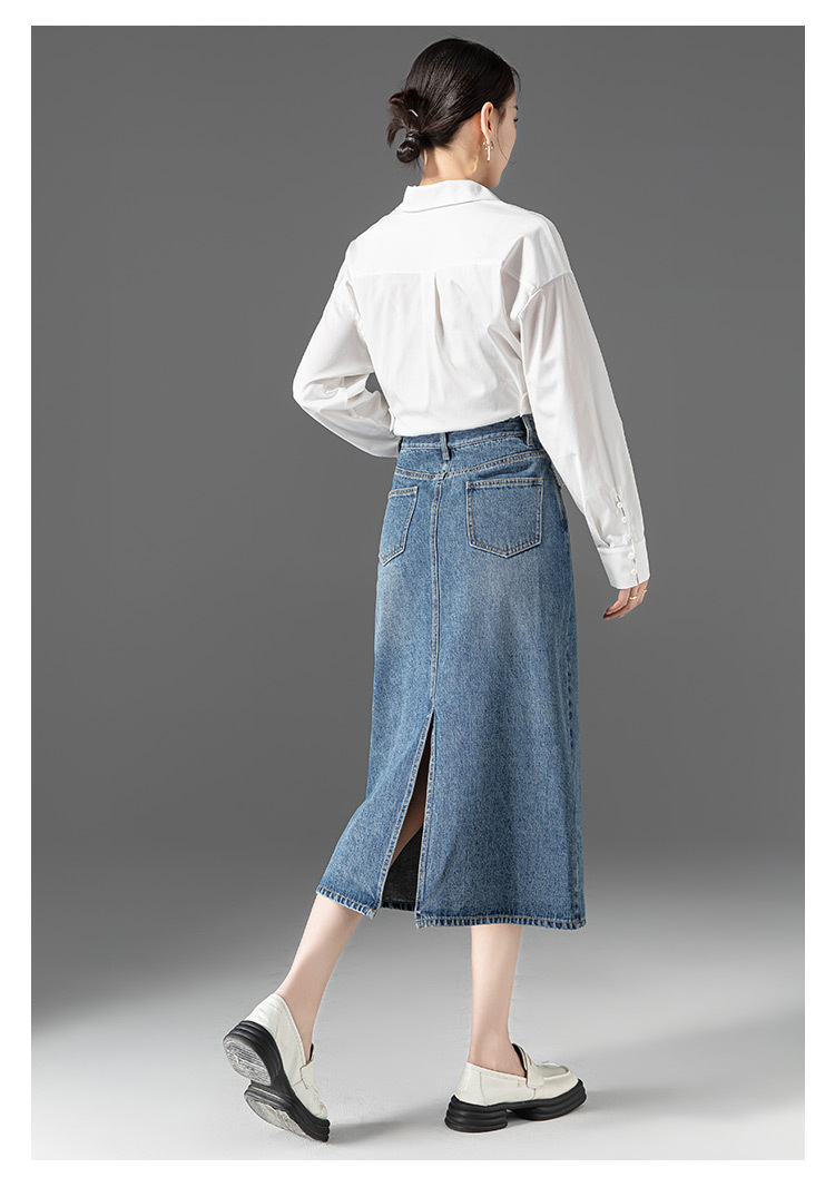 Chân váy denim lưng cao nữ dáng A xẻ tà — Màu xanh lam nhạt chi tiết 8
