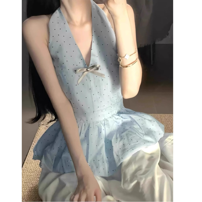 Summer Fashion Personality Floral Bud Design Hem Top for Women Korean Style Pure Desire Style Polka Dot Bow Halter Neck Tank Trendy