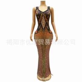 复古风闪耀水钻珠链个性欧美礼服酒会派对晚礼服演出长裙牛角尖