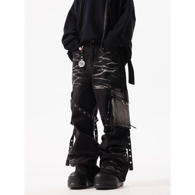 Pantalones cargo rectos holgados y resistentes con múltiples bolsillos, con cordones y diseño retro ondulado para hombre_voghion.com