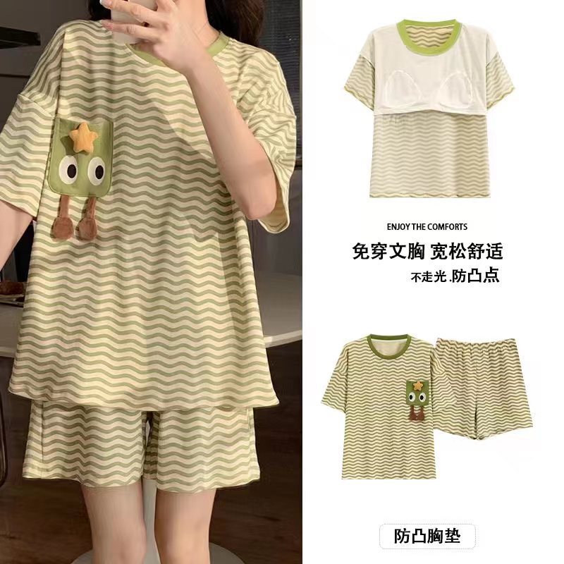 2024 Short-sleeved Pajamas with Chest Pad Women's Summer Thin Cartoon Cute Girl Students Summer Outwear Home Clothes