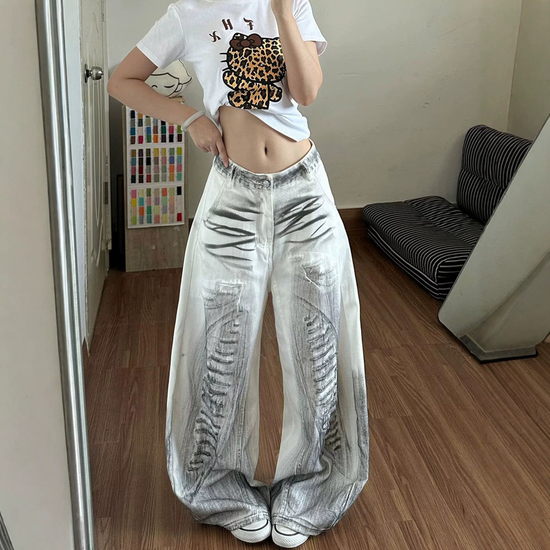 Dirty-dyed distressed white ripped jeans for women, 2026 summer new style, loose-fitting floor-length wide-leg pants