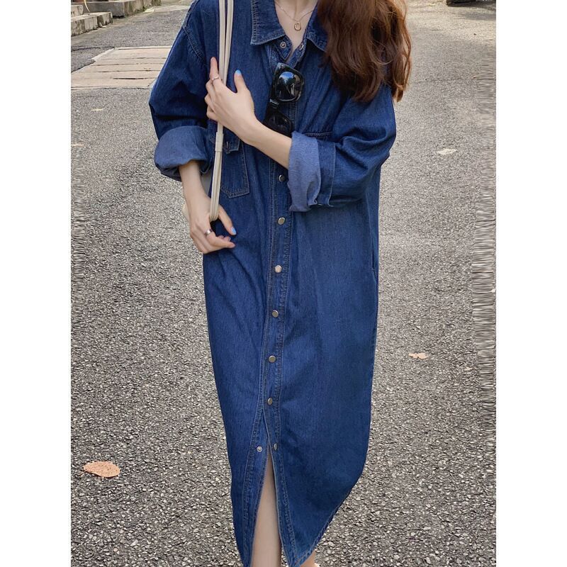 Denim Dress for Women, Long-Sleeved Shirt Dress, Long Skirt, Autumn Korean Style, Loose Fit, Slimming, Elegant, Long Over-The-Knee Dress