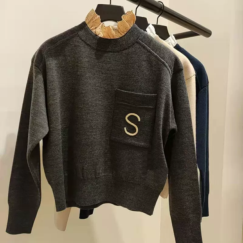 英家2021秋冬新款女装女士梭织拼接针织衫打底衫女时尚毛衣210583