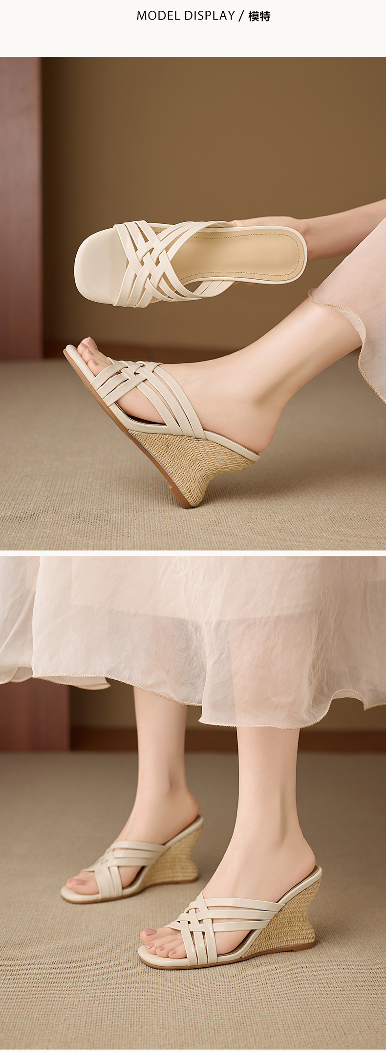 Dép sandal nữ quai chữ V mũi vuông hở ngón đế xuồng cao gót 5 cm — Rượu vang đỏ, màu trắng ngà chi tiết 4