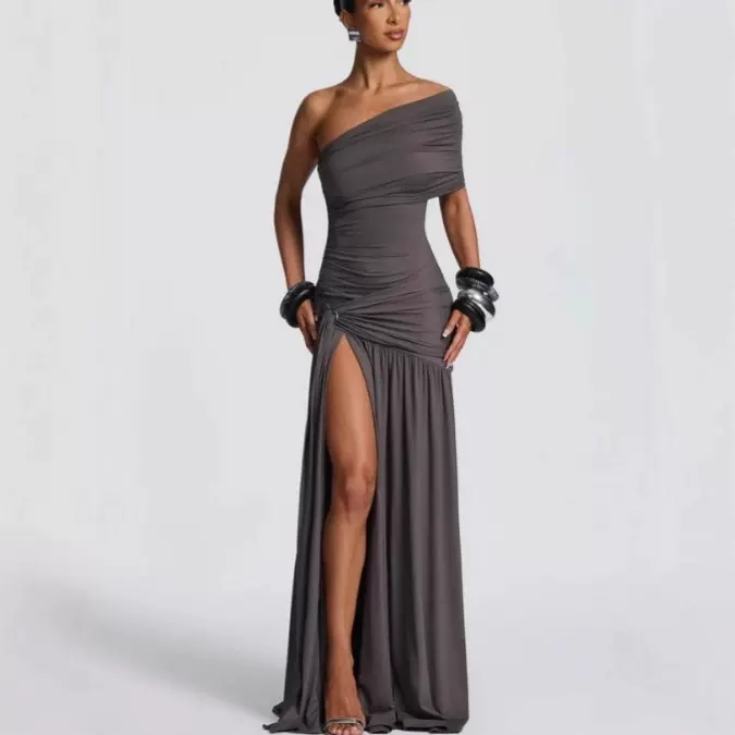 2025欧美亚马逊外贸跨境新款性感礼服纯色单肩开叉褶皱包臀连衣裙