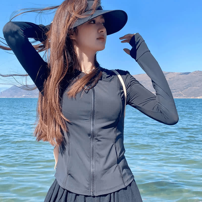 Spring and Autumn Stretch Jacket fleece-lined Cardigan Sunscreen Clothing Long Sleeve Windproof Slim-fit Ice Silk Casual Spice Girl Wear and Wear Sports