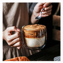 跨境双层玻璃杯咖啡杯带把手耐热马克杯高颜值女生水杯牛奶杯子