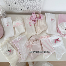 春夏新品袜子女薄透气蝴蝶结白粉组合棉中筒袜女袜韩系ins少女袜