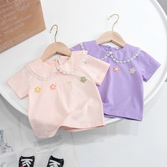 Children's clothing for girls, short-sleeved T-shirt with lace, 2023 new fashion summer clothing for young children, Korean-style top for girls, princess T-shirt for little girls