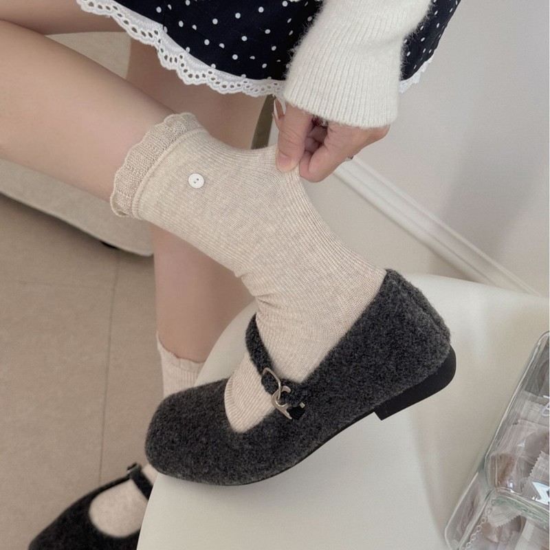 双针花边纽扣堆堆袜百搭纯色中筒袜子女秋冬日系袜子韩版袜ins|undefined