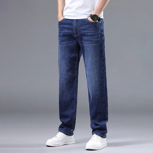 High-end washed blue jeans for men's spring and autumn new loose straight casual stretch long pants for men