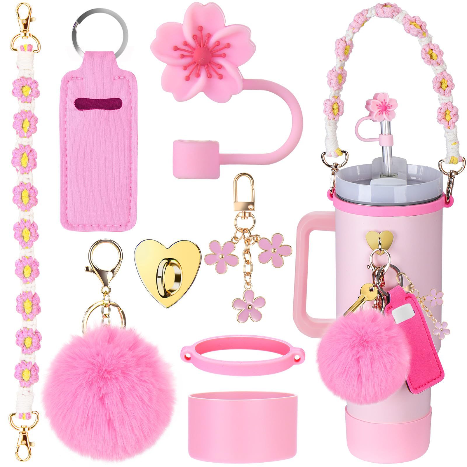 Conjunto de 8 piezas de taza Stanley colgantes Begonia gorra de paja cadena taza bolsas de lápiz labial bola de lana flor tapones de polvo