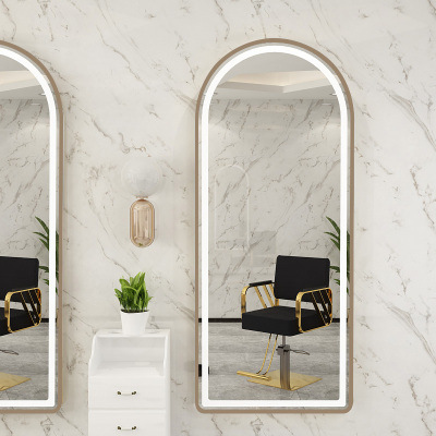 Barbería espejo salón de pelo especial montado en la pared espejo de un solo lado piso con luz inteligente espejo led