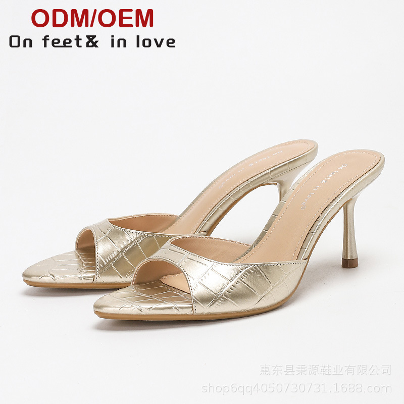 外贸石头纹露趾高跟凉鞋7.5CM细跟时尚鱼嘴高跟鞋夏季新品批发