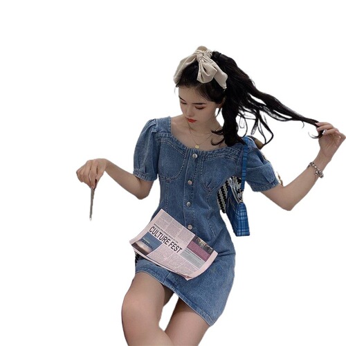 Age-defying French denim dress for women, summer size large, for plus-size women, bubble sleeves, waist-cinching, slenderizing, covering belly and back, strap dress