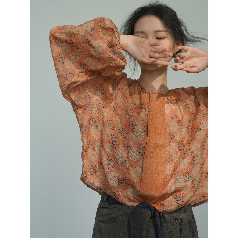 Original Retro New National Trend Color-Blocking Loose Classical Shirt Song-Style Lantern Sleeve Ramie Cardigan S24175