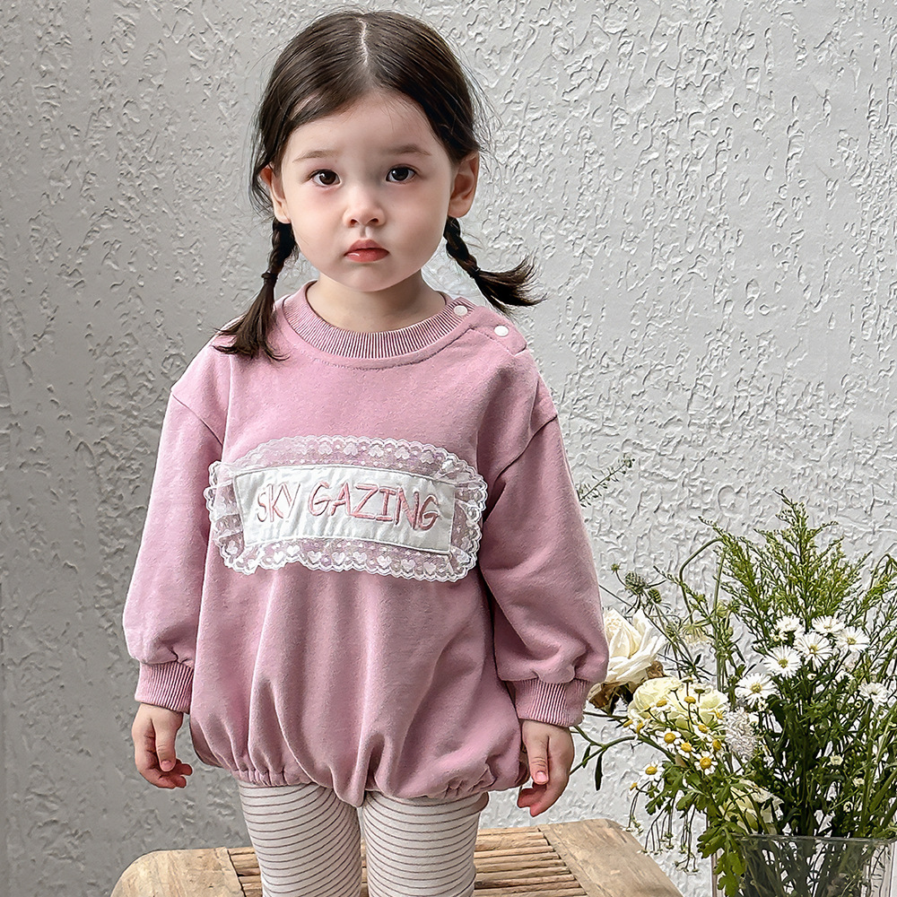 Ropa para niños coreanos, niñas, ropa de una pieza de encaje de estilo occidental, mameluco suelto, ropa de salida, ropa de manga larga para bebés femeninos