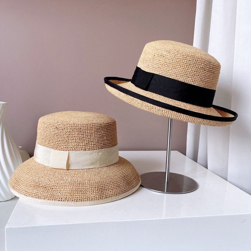 Hepburn Style Handmade Crochet Raffia Straw Bucket Hat For Summer_voghion.com